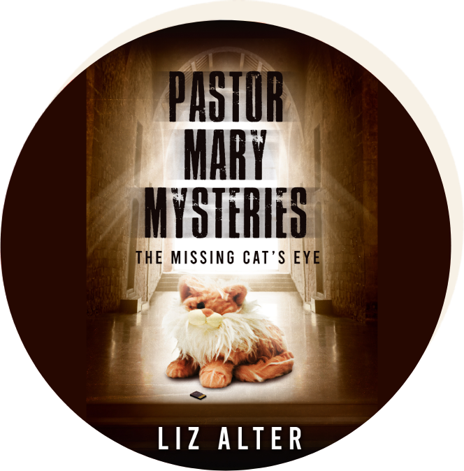 A button that says pastor mary mysteries the missing cat 's eye by liz alter